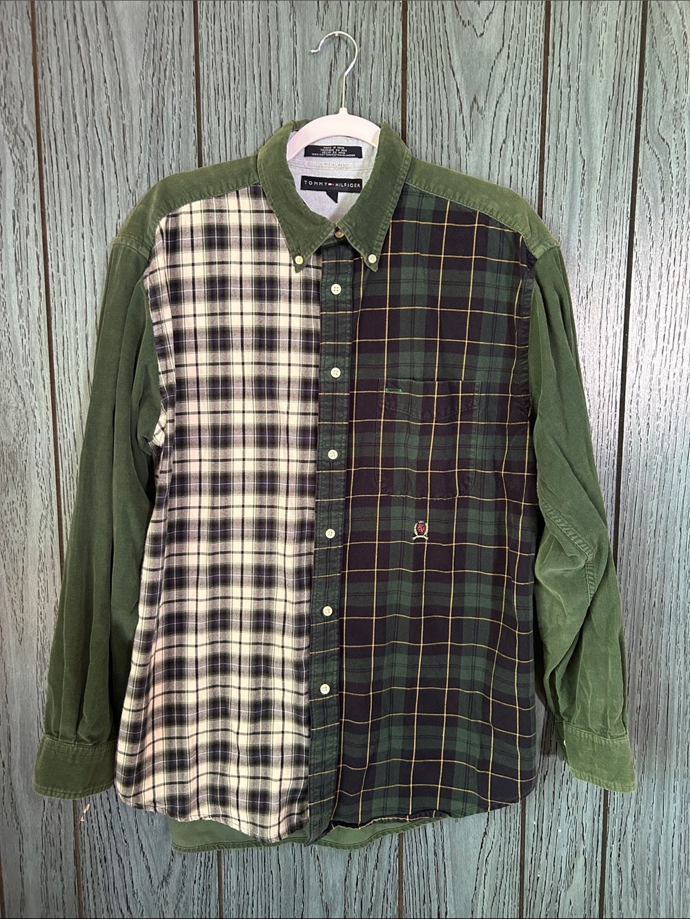 Vintage Tommy Hilfiger corduroy Green Patchwork Plaid Button-Down Shirt large